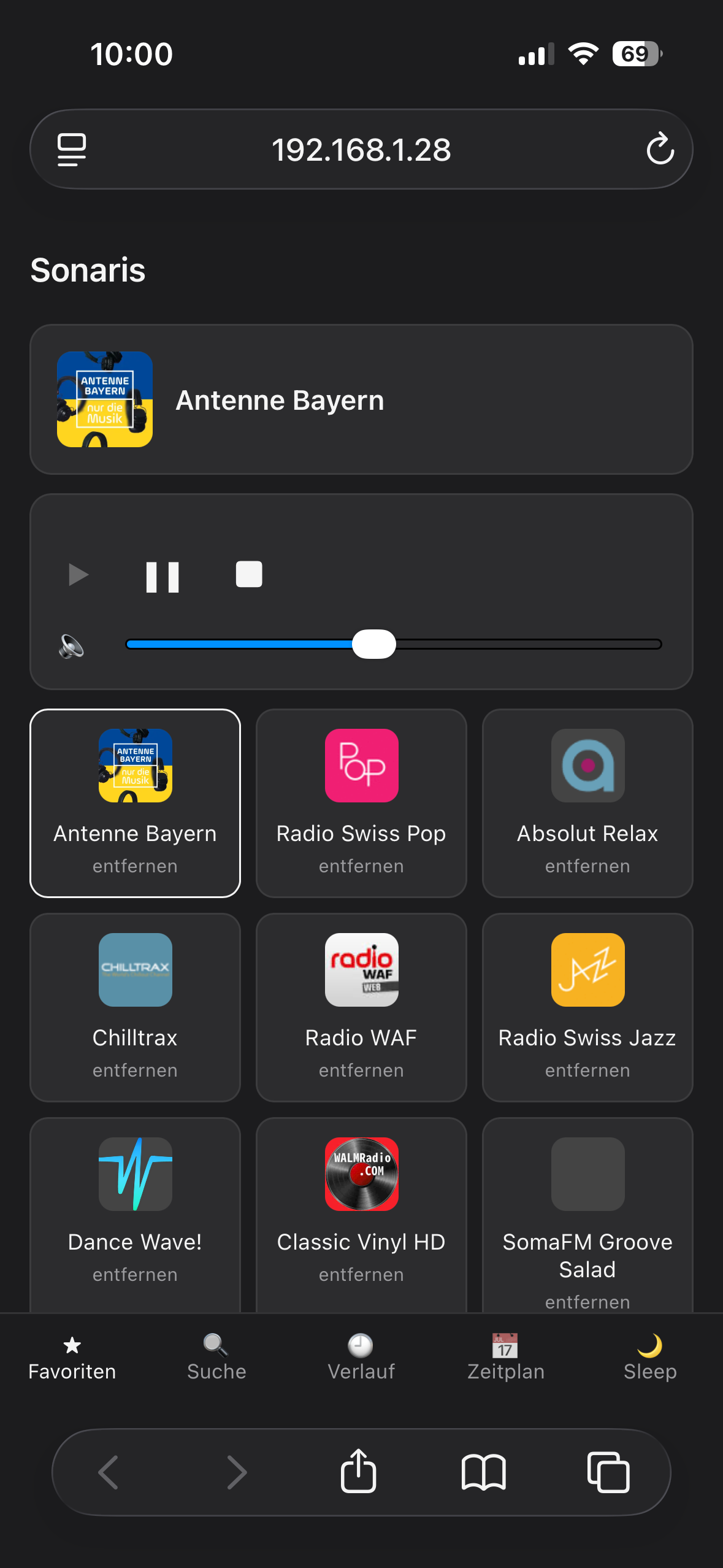 Fernsteuerung von Sonaris im Browser auf dem iPhone